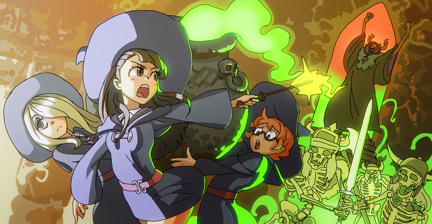 bags_under_eyes blonde_hair blush brown_eyes brown_hair cauldron cloak crossover fleeing freckles glasses hair_over_one_eye hat helmet highres horned_helmet horns kagari_atsuko kiriririn little_witch_academia long_hair lotte_jansson multiple_girls orange_hair semi-rimless_eyewear skeleton sucy_manbavaran sword the_black_cauldron the_horned_king under-rim_eyewear wand weapon witch witch_hat