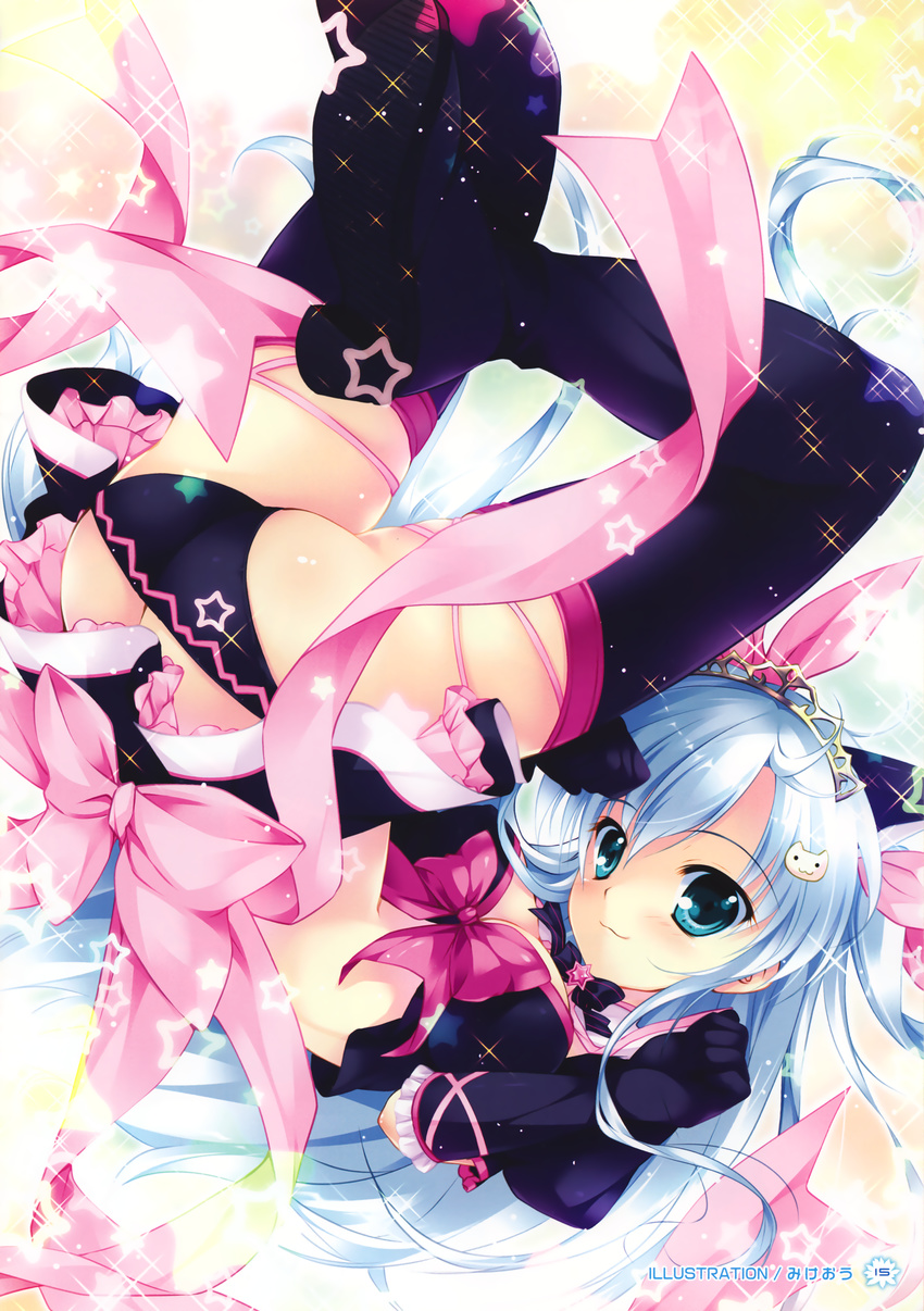 absurdres ass blue_eyes blue_hair bow breasts cat_hair_ornament floral_print gloves hair_ornament headgear highres hoshizaki_mei long_hair looking_at_viewer magical_girl medium_breasts mikeou pink_bow purple_legwear skirt sparkle tareme thighhighs twintails two_side_up upside-down yumekoi