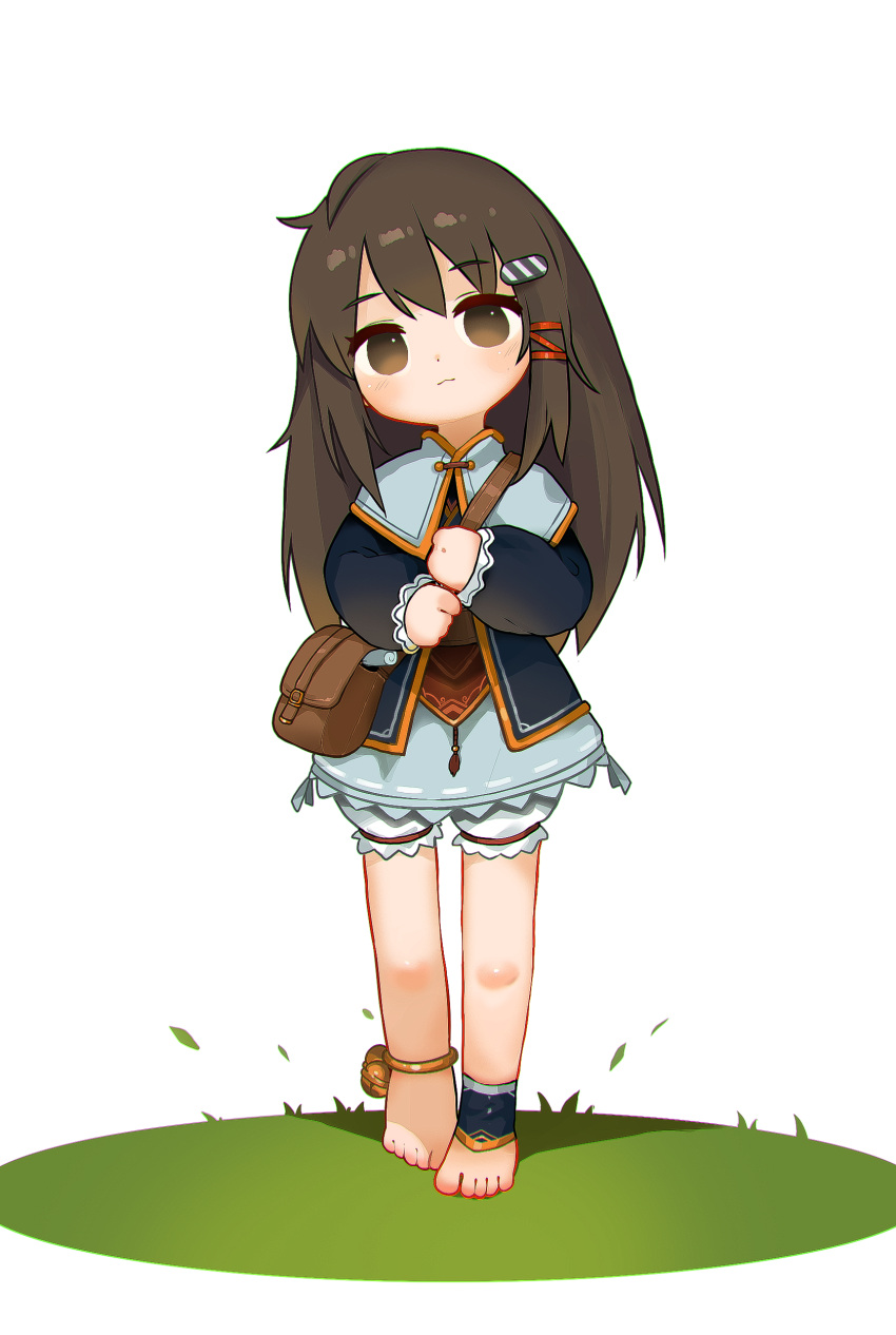 1girl absurdres anklet bag barefoot brown_bag brown_eyes brown_hair closed_mouth commentary_request full_body hair_ornament hairclip highres jewelry kuma-bound long_hair looking_at_viewer on_grass orange_trim original shoulder_bag simple_background solo toes walking white_background