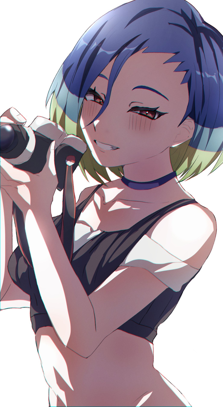 1girl absurdres aqua_hair bare_shoulders blue_hair breasts brown_eyes camera collarbone commentary_request crop_top eyelashes green_hair hair_between_eyes highres holding holding_camera looking_at_viewer medium_hair multicolored_hair perrin_(pokemon) pokemon pokemon_sv ren_rg1122 simple_background smile solo teeth upper_body white_background