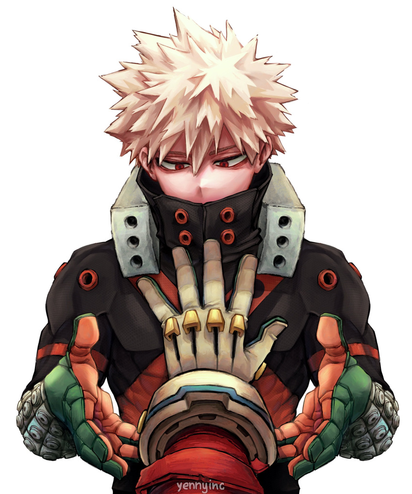 2boys absurdres artist_name bags_under_eyes bakugou_katsuki blonde_hair boku_no_hero_academia commentary gloves green_gloves grey_gloves hair_between_eyes halftone hand_on_another's_chest hand_up hands_up high_collar highres looking_at_hand looking_down male_focus midoriya_izuku multiple_boys narrowed_eyes orange_gloves out_of_frame outstretched_arm outstretched_hand pov reaching_towards_another red_eyes short_hair simple_background single_horizontal_stripe solo_focus spiked_hair straight-on symbol-only_commentary toned toned_male two-tone_gloves upper_body white_background wrist_guards x yenny_(yennyinc)