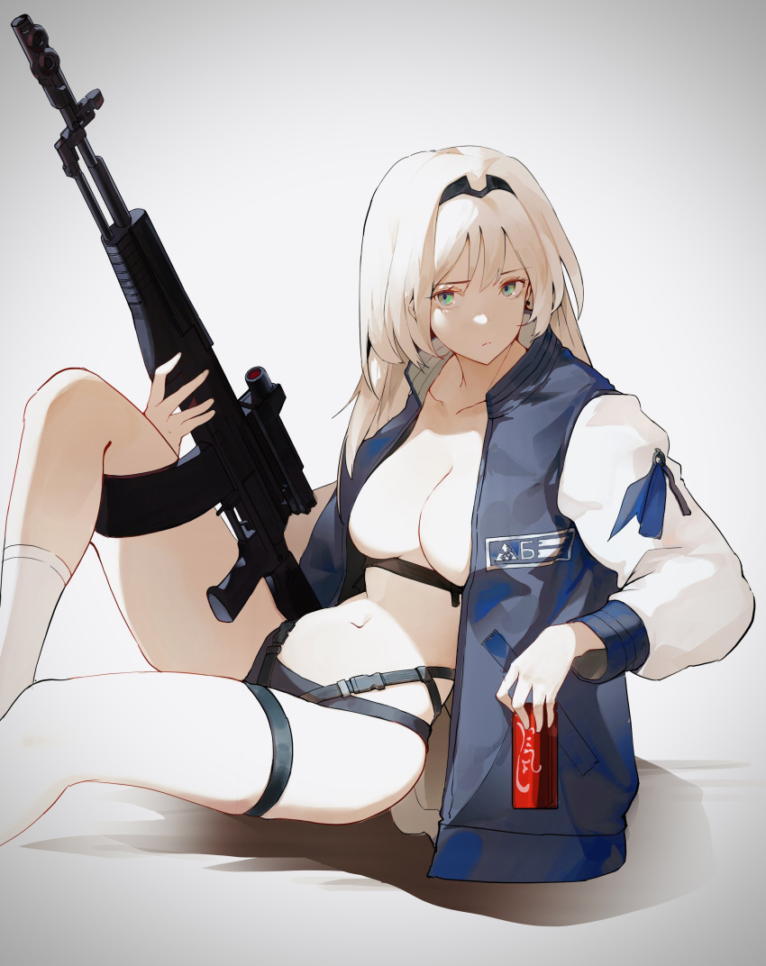 1girl absurdres an-94 an-94_(girls'_frontline) assault_rifle black_panties blonde_hair blue_eyes breasts can commentary coteri english_commentary girls'_frontline gun harness highres holding holding_can holding_gun holding_weapon holster jacket long_hair long_sleeves looking_at_viewer medium_breasts navel no_bra no_shirt open_clothes open_jacket panties rifle sitting socks solo thigh_holster underwear weapon white_socks