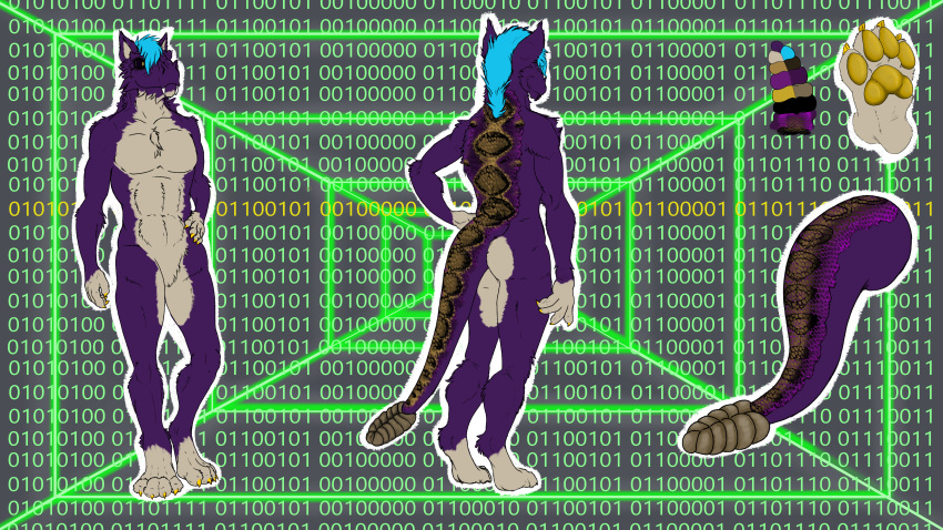 absurd_res anonymous_artist anthro bethesda_softworks binary_code fallout fur head_tuft hi_res hidden_message male model_sheet naga_serpentis night_stalker_(fallout) pawpads purple_body purple_fur rattle_(anatomy) rattleyote scales solo tuft