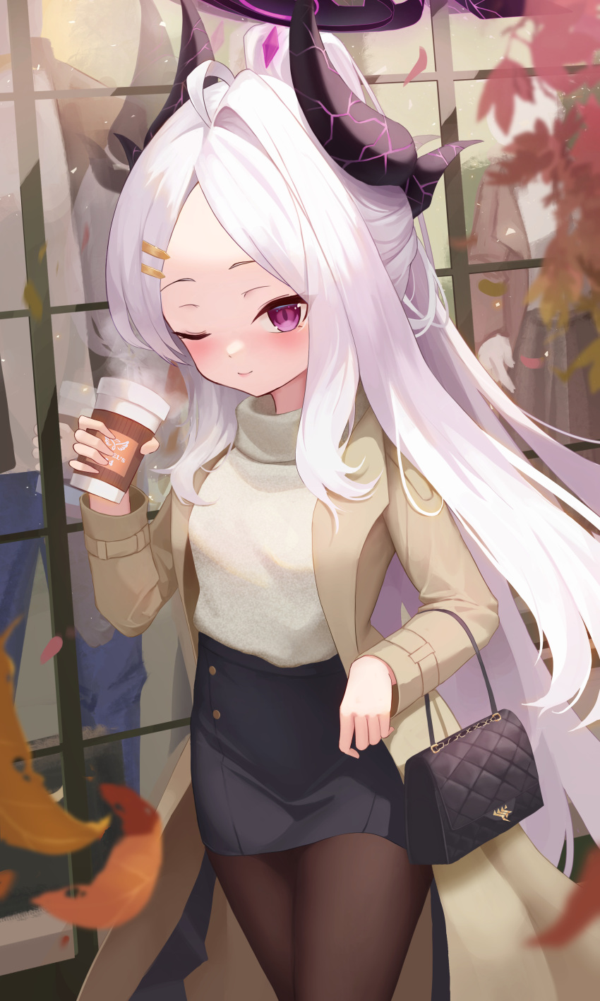 1girl ;) absurdres ahoge alternate_costume black_skirt blue_archive blush brown_coat brown_pantyhose casual coat cup demon_horns disposable_cup falling_leaves grey_hair halo highres hina_(blue_archive) holding holding_cup horns jixo_(user_nzhc8728) leaf long_sleeves looking_at_viewer mannequin one_eye_closed outdoors pantyhose parted_bangs purple_eyes round_eyewear skirt smile solo steam sweater white_sweater