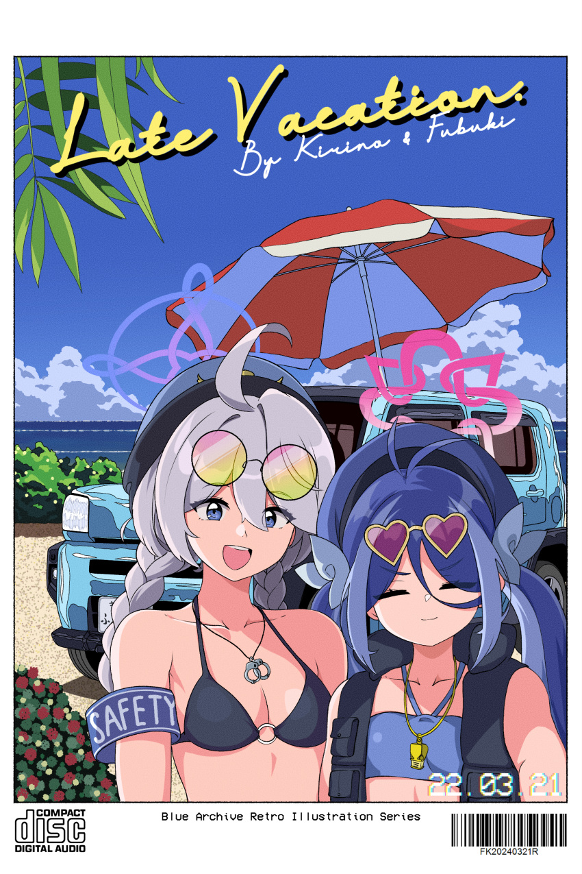 1990s_(style) 2girls absurdres ahoge antenna_hair bikini black_bikini blue_archive blue_bikini blue_eyes blue_hair blue_halo blue_hat braid breasts car closed_eyes closed_mouth collarbone dated day fubuki_(blue_archive) grey_hair hair_between_eyes halo hat highres hrna kirino_(blue_archive) long_hair motor_vehicle multicolored_hair multiple_girls open_mouth outdoors pink_halo police_hat retro_artstyle small_breasts smile swimsuit twin_braids twintails upper_body
