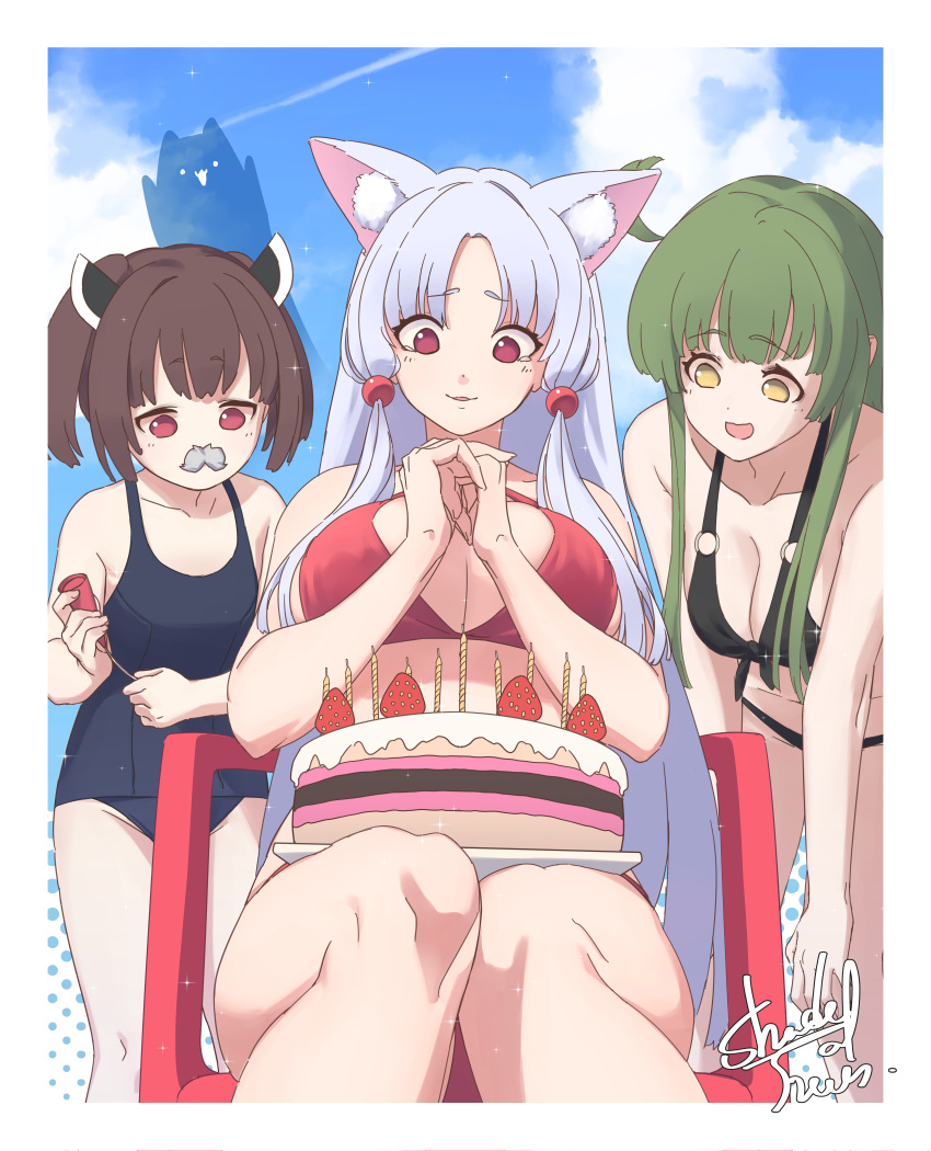 3girls :3 absurdres alternate_costume animal_ear_fluff animal_ears behind_another bikini birthday_cake black_bikini blue_sky border breasts brown_hair cake cleavage cloud contrail fake_facial_hair fake_mustache feet_out_of_frame food fox_ears ghost green_hair grey_hair halftone halftone_background hands_up happy_tears highres holding holding_party_popper large_breasts leaning_forward long_hair multiple_girls nhk_(voiceroid) on_chair open_mouth own_hands_together parted_lips party_popper red_bikini red_eyes school_swimsuit shade_of_trees short_hair short_twintails siblings sidelocks signature sisters sitting sky small_breasts smile standing swimsuit tearing_up tears touhoku_itako touhoku_kiritan touhoku_zunko twintails voiceroid white_border