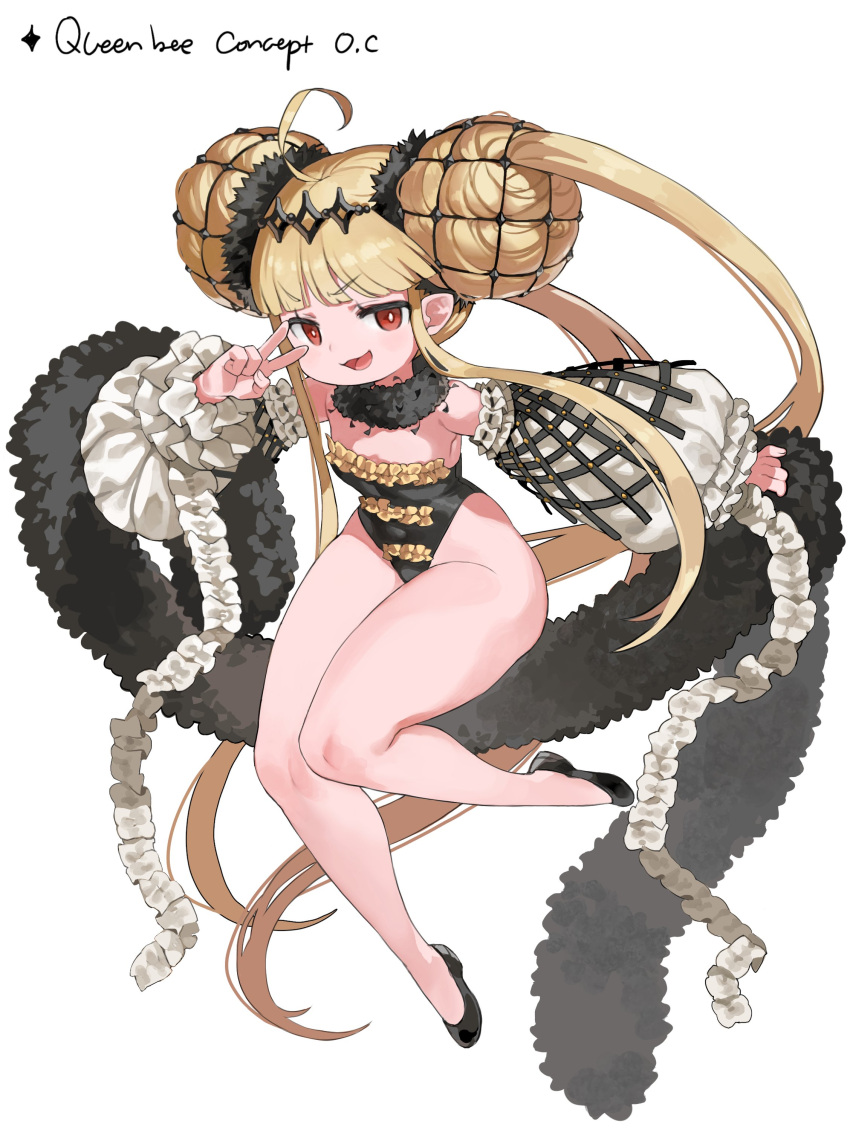 1girl :3 absurdres bare_legs bare_shoulders black_footwear black_leotard blonde_hair blunt_bangs bun_cover detached_sleeves diadem double_bun english_text flat_chest frilled_leotard frills full_body hair_bun highleg highleg_leotard highres kkaebing legs leotard long_hair long_legs long_sleeves looking_at_viewer open_mouth original pointy_ears puffy_detached_sleeves puffy_sleeves red_eyes shoes simple_background smile smug solo strapless strapless_leotard twintails v very_long_hair white_background