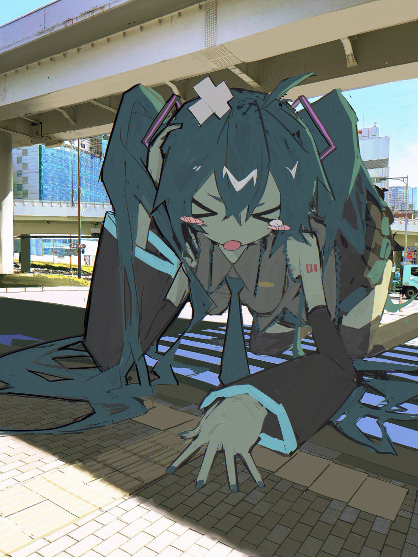 &gt;_&lt; 1girl :o absurdres all_fours bandaid bandaid_on_head black_skirt black_thighhighs blue_hair blue_nails blue_necktie blue_sky blush_stickers breasts collared_shirt crossed_bandaids crosswalk day detached_sleeves facing_viewer foot_out_of_frame furrowed_brow giant giantess grey_shirt hair_ornament hair_spread_out hand_on_own_head hanging_breasts hatsune_miku highres long_hair medium_breasts motor_vehicle mushi_buuun necktie open_mouth outdoors overpass pain photo_background pleated_skirt road_sign shirt shoulder_tattoo sign skirt sky sleeveless sleeveless_shirt solo tattoo tearing_up thighhighs truck twintails vocaloid