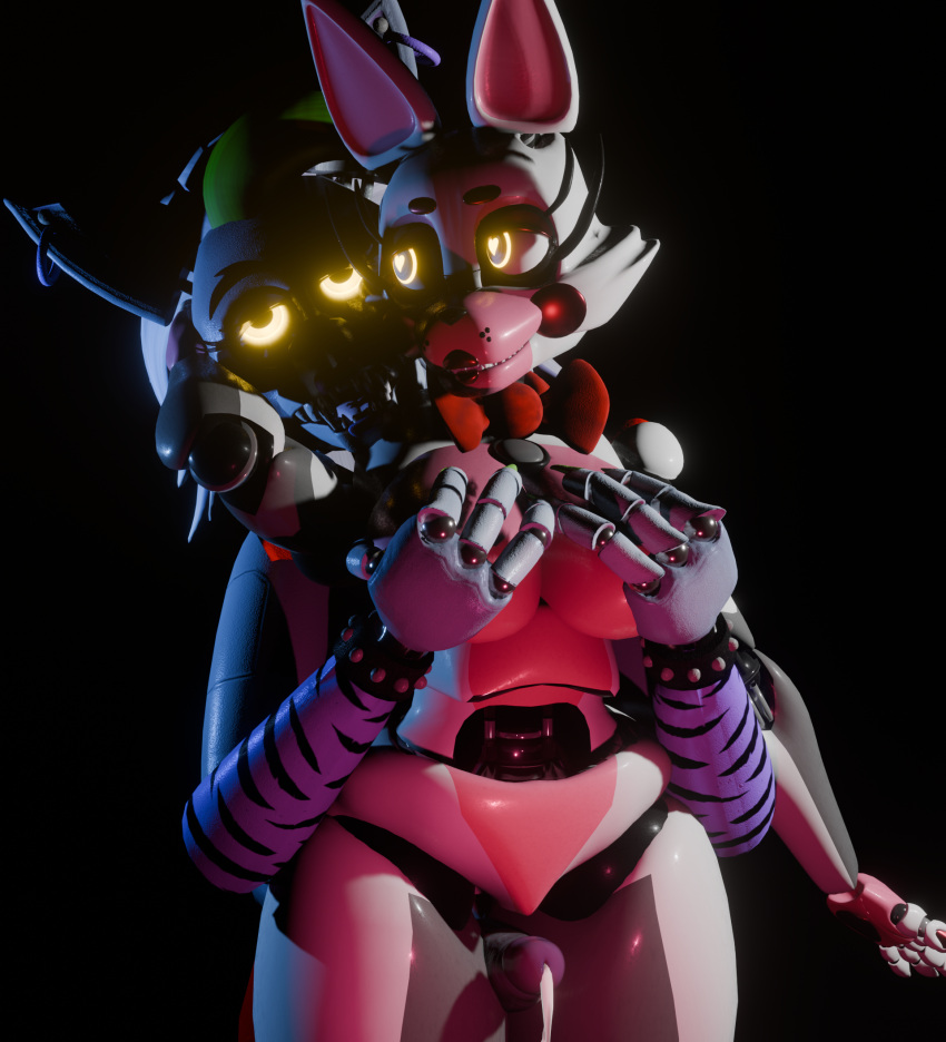 animatronic anthro big_breasts bodily_fluids breast_grab breasts canid canine canis clothing cum cum_drip dripping duo female five_nights_at_freddy's five_nights_at_freddy's:_security_breach fntmfxyy fox funtime_foxy_(fnaf) funtime_foxy_(fnafsl) genital_fluids hand_on_breast hi_res intersex intersex/female legwear machine mammal pink_body robot roxanne_wolf scottgames sex sister_location steel_wool_studios thigh_highs thigh_sex white_body wolf
