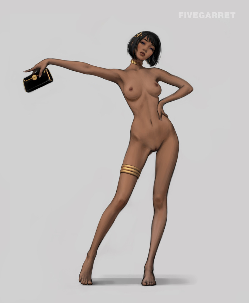 1girl absurdres arm_up artist_name bag black_bag black_hair blue_eyes blunt_bangs bob_cut breasts completely_nude dark-skinned_female dark_skin fivegarret full_body gold_collar hair_ornament hand_on_own_hip handbag head_tilt highres holding holding_bag medium_breasts nipples nose_piercing nose_ring nude nyia_(ashiyavain) original outstretched_arm piercing pussy red_lips short_hair simple_background solo standing thick_lips toes white_background