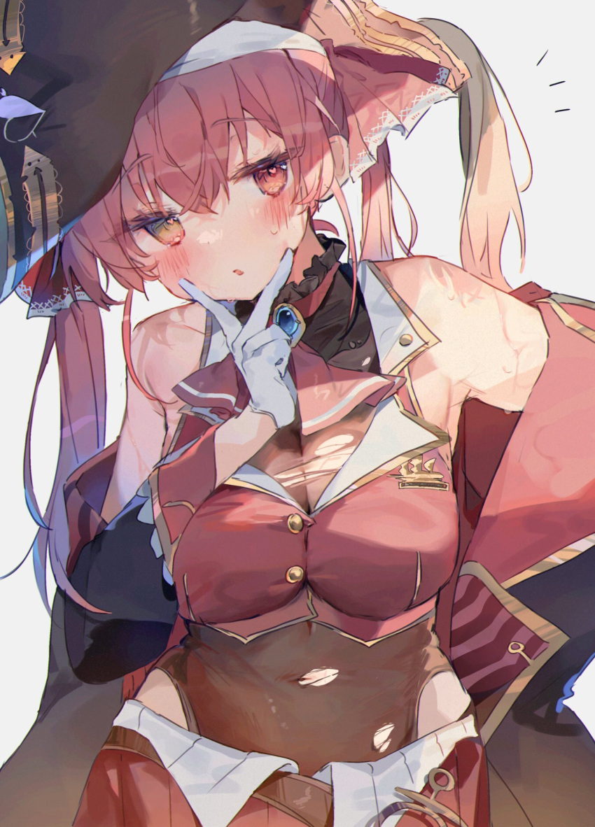 1girl bare_shoulders blush breasts cleavage coat covered_navel cropped_jacket gloves hat heterochromia highres hololive houshou_marine houshou_marine_(1st_costume) jacket large_breasts leotard long_hair navel o_(jshn3457) pirate_hat pleated_skirt red_eyes red_hair red_jacket red_skirt see-through see-through_cleavage see-through_leotard simple_background skirt sleeveless sleeveless_jacket smile solo standing sweat torn torn_clothes torn_leotard virtual_youtuber white_background white_gloves yellow_eyes