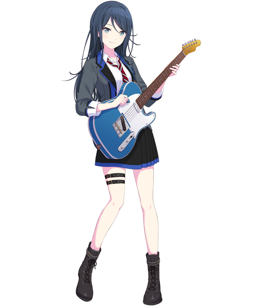 1girl black_hair black_skirt boots brown_footwear full_body grey_eyes grey_jacket guitar highres holding holding_guitar holding_instrument hoshino_ichika_(project_sekai) instrument jacket leg_belt looking_at_viewer necktie non-web_source official_art project_sekai red_necktie shirt skirt smile solo striped_necktie tachi-e transparent_background white_shirt