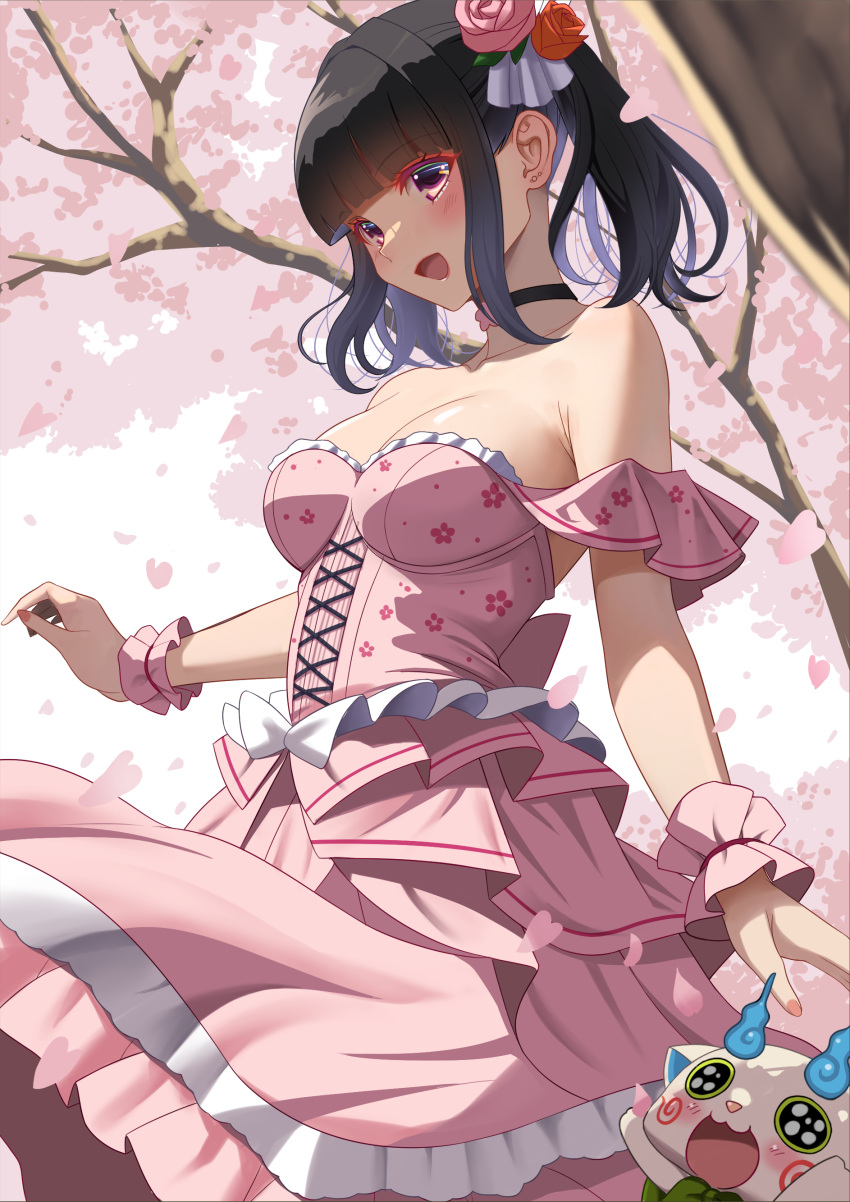 1girl :d absurdres akihiro0920 black_choker black_hair blunt_bangs blush breasts cherry_blossoms choker collarbone commentary_request dress flower hair_flower hair_ornament highres medium_breasts original outdoors pink_dress pink_flower pink_rose purple_eyes red_flower red_rose rose short_hair sidelocks smile solo strapless strapless_dress twintails