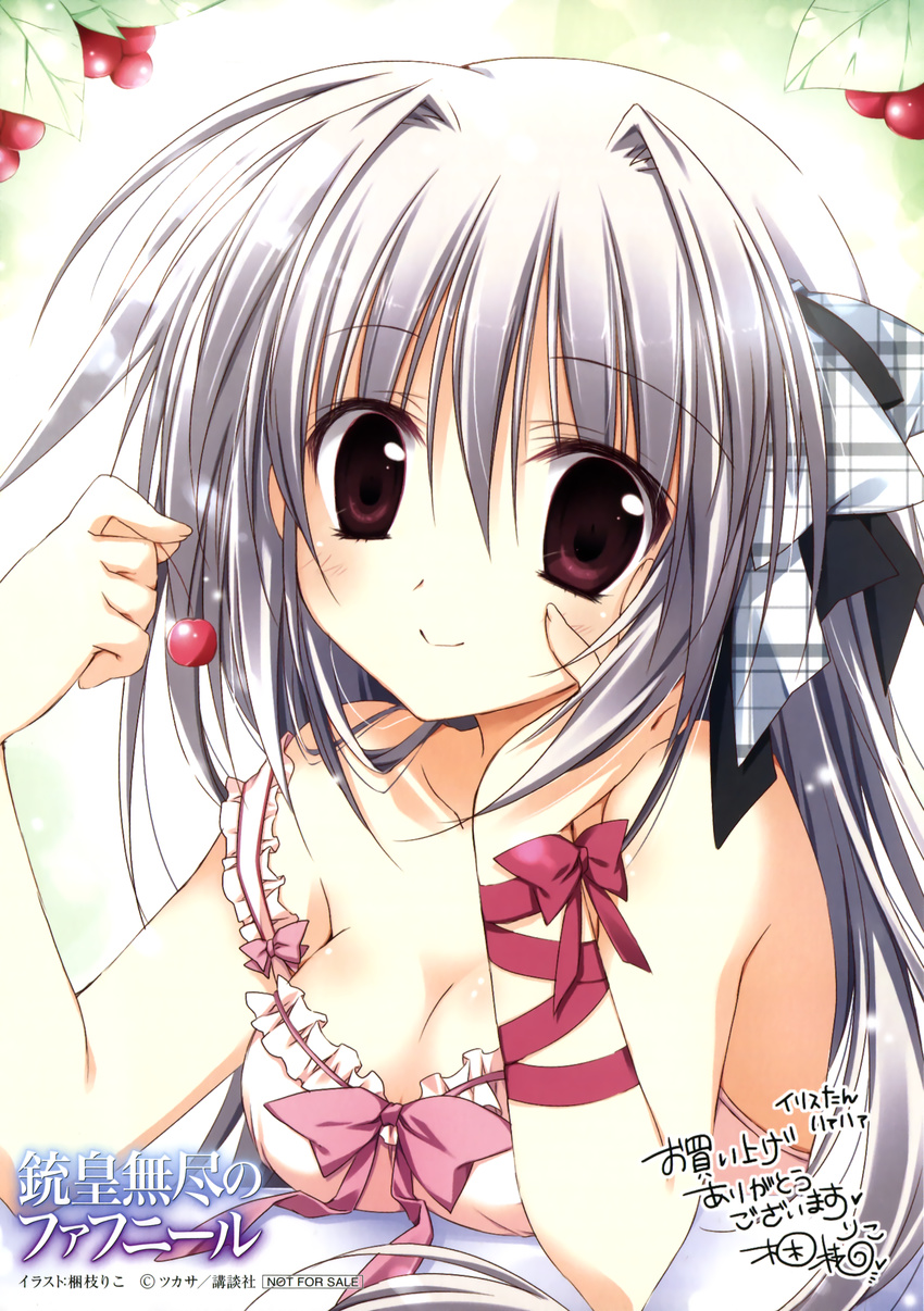 absurdres bangs bare_shoulders bow breasts camisole cherry chin_rest cleavage company_name copyright_name food frills fruit gradient hair_between_eyes hair_bow hair_intakes hand_on_own_cheek hand_on_own_face highres holding iris_freyja juuoumujin_no_fafnir korie_riko leaf light_smile logo long_hair looking_at_viewer medium_breasts official_art plaid purple_eyes ribbon scan signature silver_hair smile strap_slip translation_request twintails upper_body very_long_hair wrist_ribbon