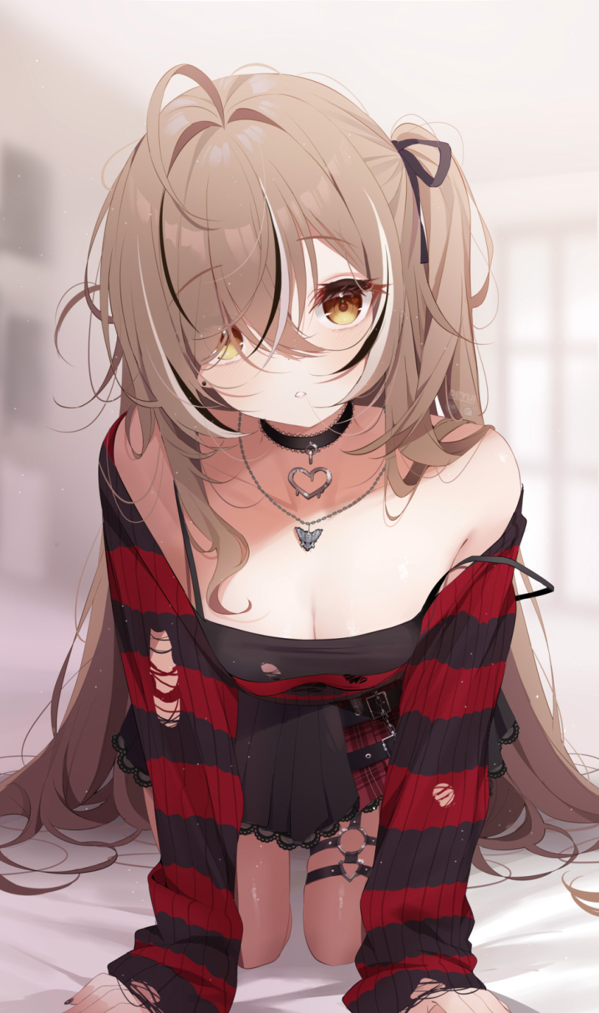 1girl all_fours black_choker black_hair black_ribbon black_skirt blurry blurry_background breasts brown_eyes brown_hair choker cleavage collarbone commentary deyui eyes_visible_through_hair hair_over_one_eye hair_ribbon heart heart_choker highres hololive hololive_english jewelry long_hair looking_at_viewer medium_breasts multicolored_hair nanashi_mumei nanashi_mumei_(emo) necklace off_shoulder official_alternate_costume one_side_up parted_lips pleated_skirt ribbon shirt skirt sleeves_past_wrists solo streaked_hair striped_clothes striped_shirt torn_clothes torn_shirt upper_body very_long_hair virtual_youtuber white_hair