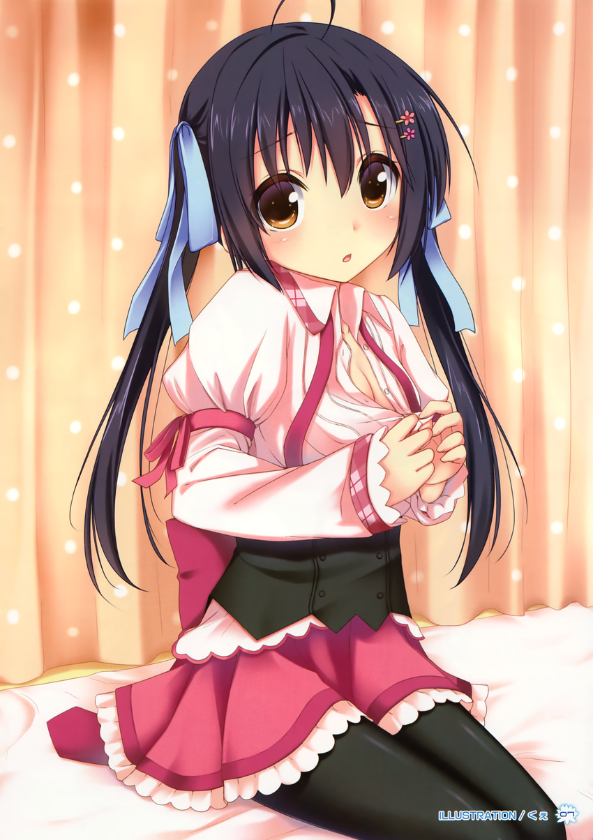 :o absurdres ahoge arm_ribbon artist_name bangs bed black_hair black_legwear bow breasts brown_eyes buttons cleavage cowboy_shot curtains frills hair_ornament hair_ribbon hairclip highres indoors juliet_sleeves kue long_hair long_sleeves looking_at_viewer miniskirt nanamori_kurumi neck_ribbon on_bed open_clothes open_mouth open_shirt page_number pantyhose pink_skirt plaid polka_dot puffy_long_sleeves puffy_sleeves raised_eyebrows ribbon school_uniform shirt sitting skirt small_breasts twintails unbuttoned underwear undressing untied wing_collar yumekoi