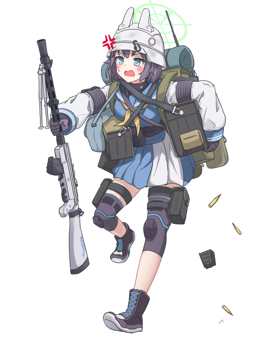 1girl :o absurdres anger_vein angry animal_ear_headwear annoyed bag black_gloves black_hair blue_archive blue_eyes blue_hair blue_serafuku blush boots breasts bullet carrying_bag combat_helmet commentary_request cross-laced_footwear fang full_body gloves gun helmet highres iroha_(iroha041) lahti-saloranta_m/26 light_machine_gun long_sleeves looking_at_viewer medium_breasts medium_hair neckerchief pleated_skirt pouch sailor_collar saki_(blue_archive) school_uniform serafuku skirt solo stahlhelm standing standing_on_one_leg thigh_pouch two-tone_skirt weapon yellow_neckerchief