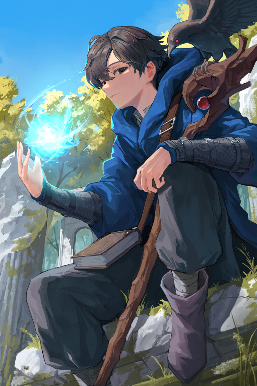 1boy absurdres bird black_hair black_pants blue_hoodie blue_sky book bracer broken_pillar casting_spell character_request cho_gum closed_mouth crow energy glowing grey_eyes grimoire highres holding holding_staff hood hoodie looking_at_viewer mage_staff magic novelpia pants sitting sky solo staff strap tree