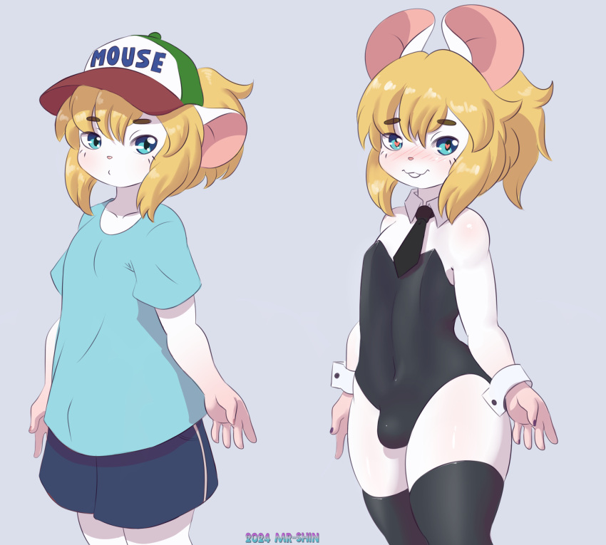 2024 anthro blonde_hair blush bulge bunny_costume clothed clothing costume fur girly hair hat headgear headwear heart_eyes heart_symbol hi_res legwear looking_at_viewer male mammal marvin_(mr-shin) mouse mr-shin murid murine rodent white_body white_fur