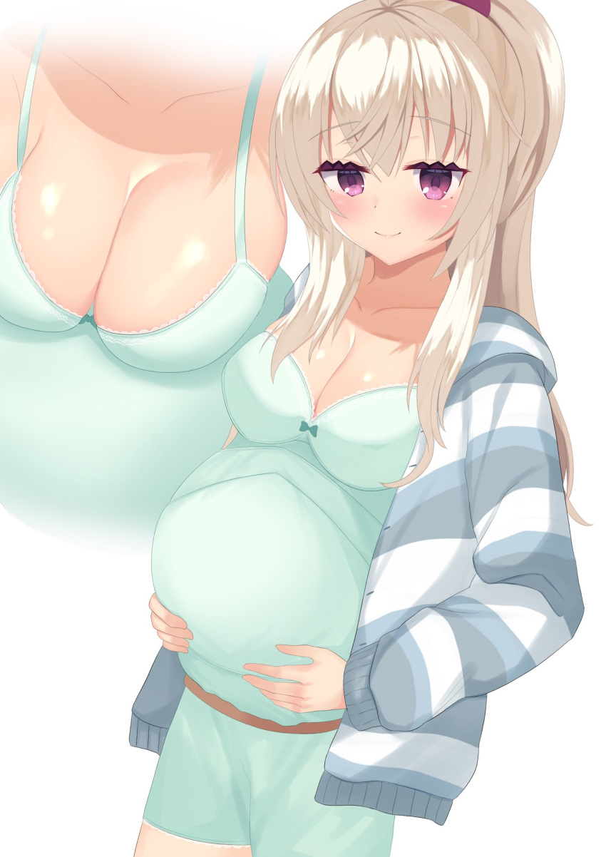 1girl akizuki_kanna aqua_shirt aqua_shorts blush breasts cafe_stella_to_shinigami_no_chou cleavage closed_mouth collarbone colored_eyelashes commentary cowboy_shot cross-section crossed_bangs hair_between_eyes hand_on_own_stomach happy highres hood hoodie large_breasts light_brown_hair lips long_hair long_sleeves open_clothes open_hoodie ponytail pregnant purple_eyes shirt shorts sidelocks simple_background smile surigoma_matcha white_background