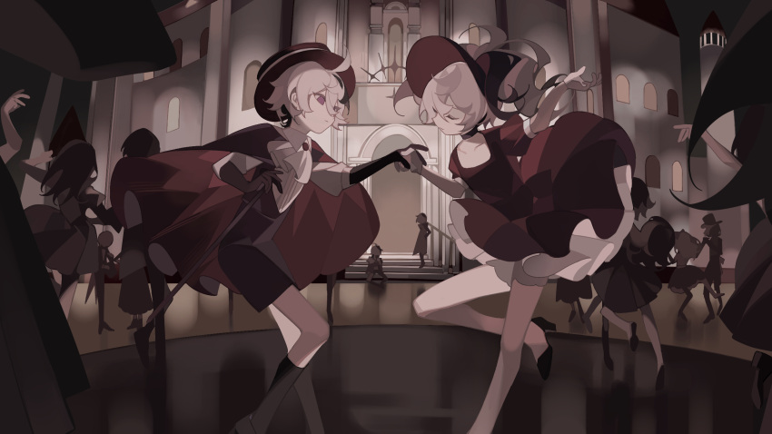 2girls androgynous ascot black_cape black_dress black_footwear black_gloves black_hair black_shirt black_shorts black_thighhighs cane cape clone closed_eyes closed_mouth dancing dress eight-b elbow_gloves flower_(vocaloid) flower_(vocaloid3) flower_(vocaloid4) frilled_dress frills gloves hat highres holding holding_cane holding_hands leg_up looking_at_another multiple_girls palace people ponytail purple_eyes shirt short_hair shorts thighhighs top_hat victorian vocaloid white_ascot white_hair
