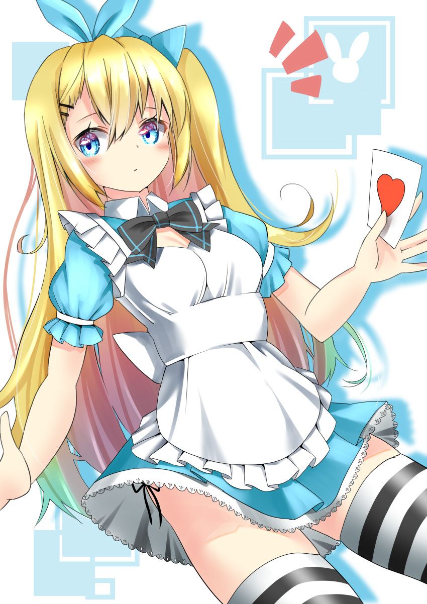 1girl absurdres alice_(alice_in_wonderland) alice_in_wonderland apron blonde_hair blue_dress blue_eyes bow bowtie card dress frilled_apron frills hair_bow highres holding holding_card shirayuki_(snow_link) short_dress side-tie_peek striped_clothes striped_thighhighs thighhighs