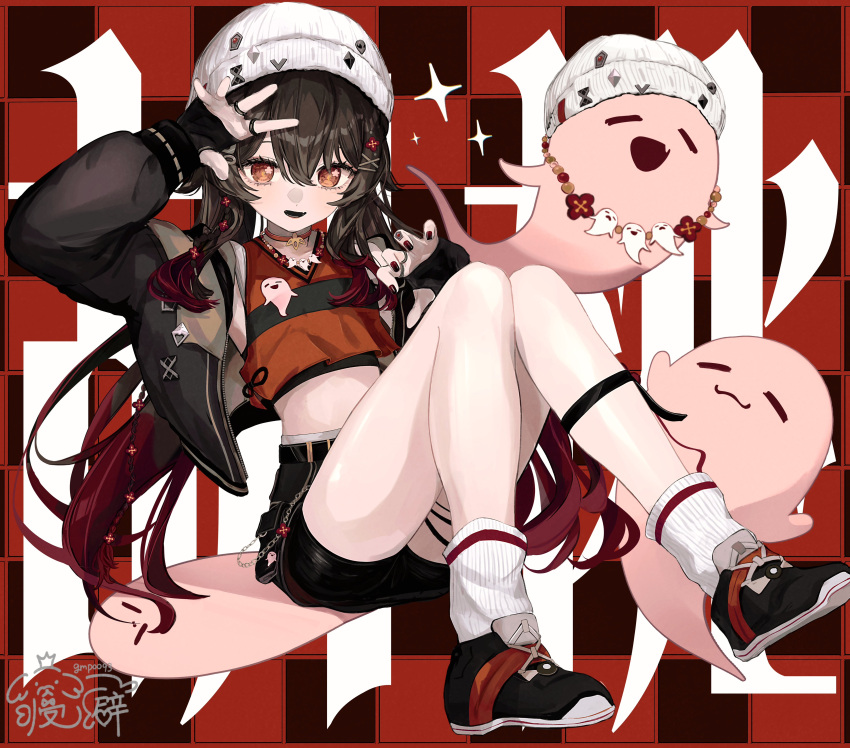 1girl absurdres black_footwear black_hair black_jacket black_nails black_skirt boo_tao_(genshin_impact) breasts bright_pupils flower-shaped_pupils full_body genshin_impact ghost gmpoo93 hand_up highres hu_tao_(galaxy_store)_(genshin_impact) hu_tao_(genshin_impact) jacket jewelry knee_strap knit_hat long_hair long_sleeves low_twintails multiple_rings official_alternate_costume open_clothes open_jacket parted_lips red_eyes ring shoes sitting skirt small_breasts socks solo symbol-shaped_pupils thighs twintails white_hat white_pupils white_socks