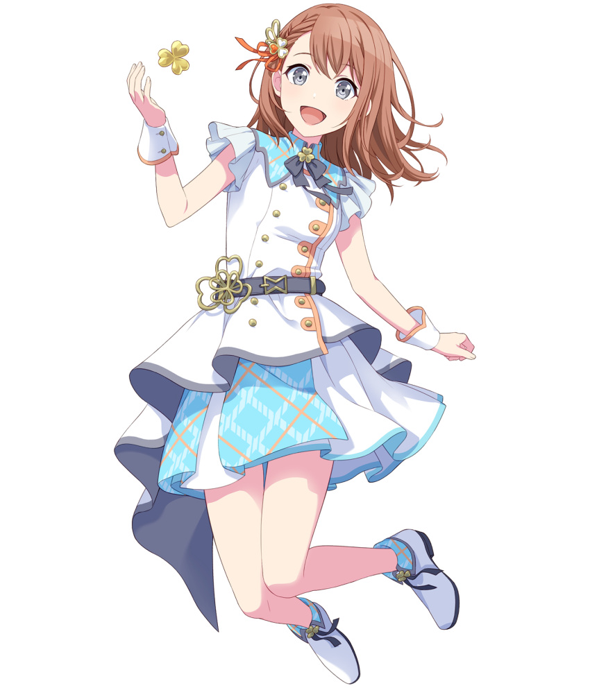 1girl :d belt braid brown_hair full_body grey_eyes hair_ornament hanasato_minori highres looking_at_viewer non-web_source official_art project_sekai short_sleeves single_braid skirt smile solo tachi-e transparent_background white_footwear white_skirt wrist_cuffs