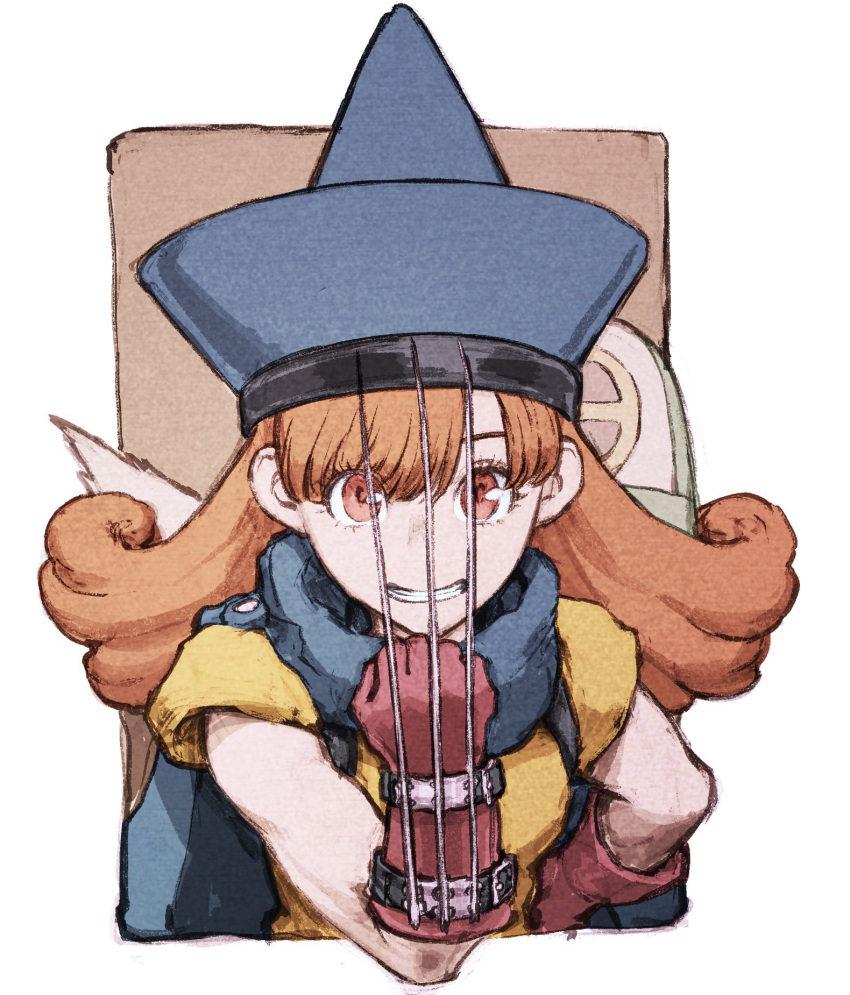 1girl 2boys alena_(dq4) blue_hat border brey claw_(weapon) clift commentary_request dragon_quest dragon_quest_iv gloves grin hat highres iwamoto_tatsurou multiple_boys orange_background orange_eyes orange_hair outside_border red_gloves simple_background smile solo teeth weapon white_border witch_hat