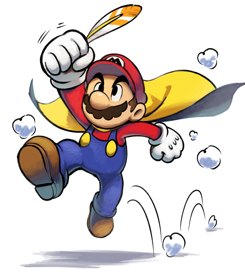 1boy blue_overalls boots brown_footwear brown_hair cape clenched_hands facial_hair feathers full_body gloves highres holding holding_feather jumping looking_at_object mario mario_&amp;_luigi_rpg mario_(series) masanori_sato_(style) mustache overalls red_hat red_shirt shirt short_hair simple_background solo white_background white_gloves ya_mari_6363 yellow_cape
