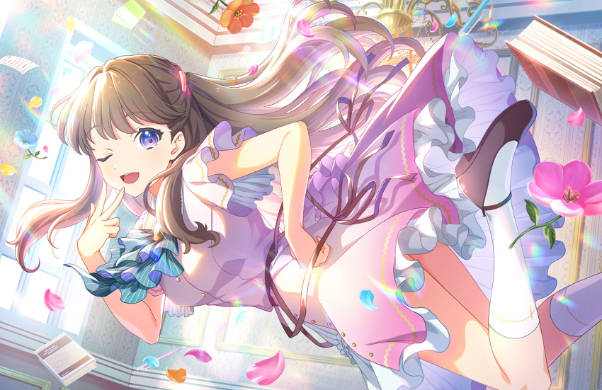 1girl ;d aqua_ascot ascot black_footwear book breasts brown_hair dream_believers_(love_live!) dress floating flower foot_out_of_frame frilled_dress frills fujishima_megumi game_cg hand_on_own_hip highres large_breasts link!_like!_love_live! long_hair looking_at_viewer love_live! mary_janes official_art one_eye_closed open_mouth orange_flower paper pen petals pink_dress pink_flower purple_eyes shoes short_sleeves smile solo third-party_source two_side_up v v_over_mouth