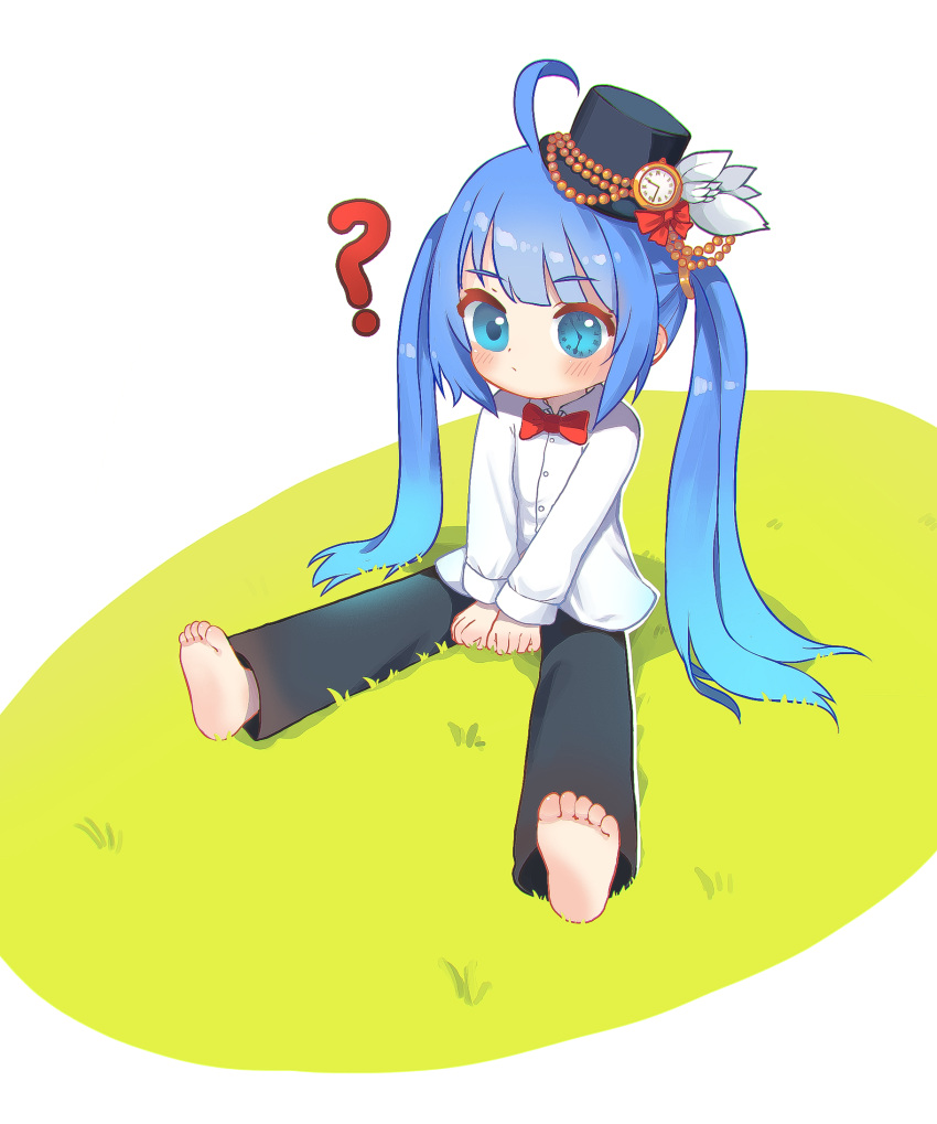1girl ? ahoge barefoot black_hat black_pants blue_eyes blue_hair bow bowtie clock commentary_request highres kuma-bound long_hair on_grass original pants red_bow red_bowtie shirt simple_background sitting twintails white_background white_shirt