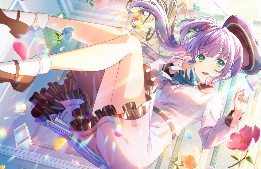 1girl aqua_ribbon blue_flower blue_ribbon book breasts brown_footwear chandelier dream_believers_(love_live!) dress dutch_angle floating flower frilled_dress frills full_body game_cg hair_bun hair_flower hair_ornament hand_to_head highres legs_up link!_like!_love_live! long_hair long_sleeves looking_at_viewer love_live! mary_janes medium_breasts neck_ribbon official_art open_mouth otomune_kozue petals pink_dress purple_hair red_flower ribbon shoes side_ponytail single_side_bun solo striped_ribbon third-party_source