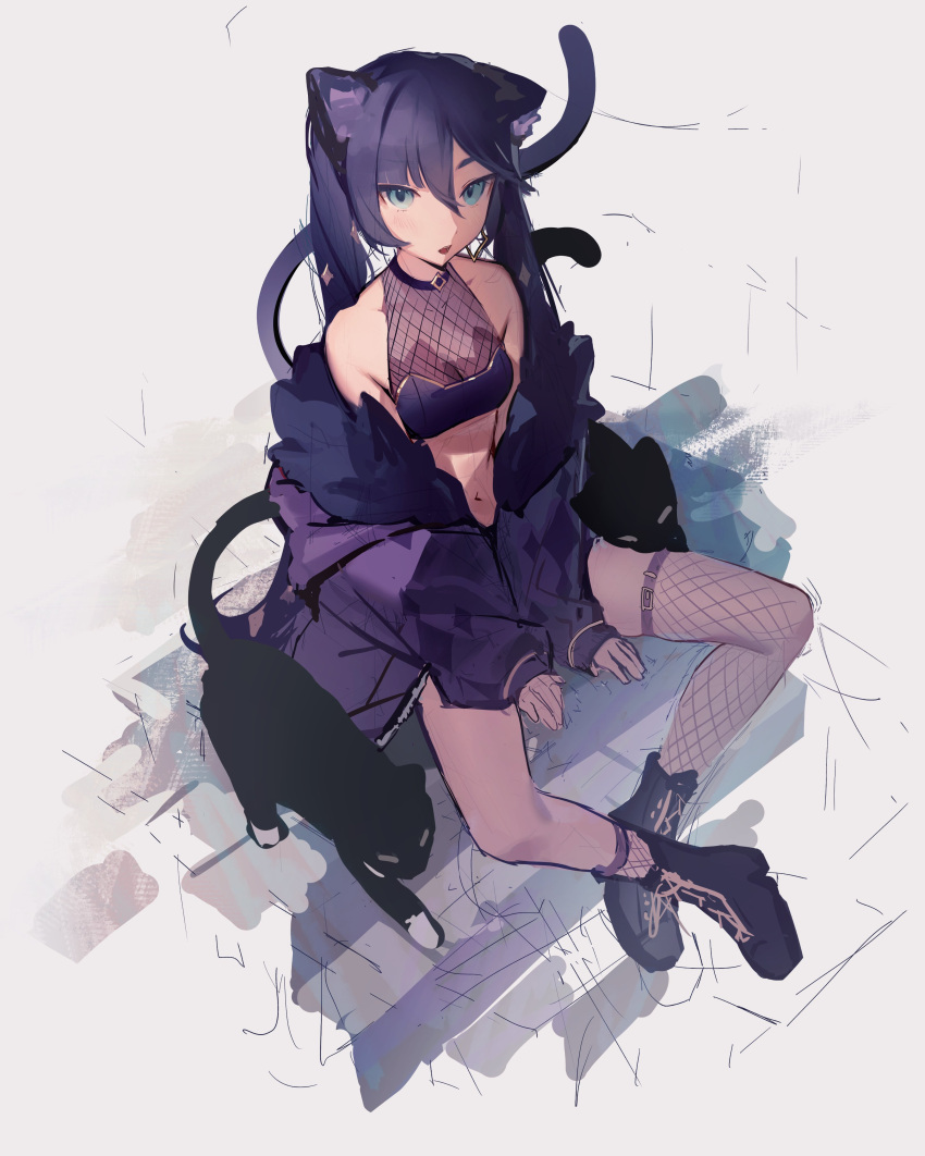 1girl absurdres alternate_costume animal_ears asymmetrical_legwear bare_shoulders black_cat black_footwear blue_eyes boots breasts cat cat_ears cat_girl cat_tail cleavage commentary crop_top fishnet_socks fishnet_thighhighs fishnet_top fishnets fur-trimmed_jacket fur_trim genshin_impact hair_between_eyes highres jacket kemonomimi_mode long_hair long_sleeves looking_at_viewer medium_breasts mona_(genshin_impact) monosucre navel open_clothes open_jacket open_mouth purple_hair purple_jacket see-through see-through_cleavage simple_background sitting sketch socks solo stomach tail thighhighs twintails white_background