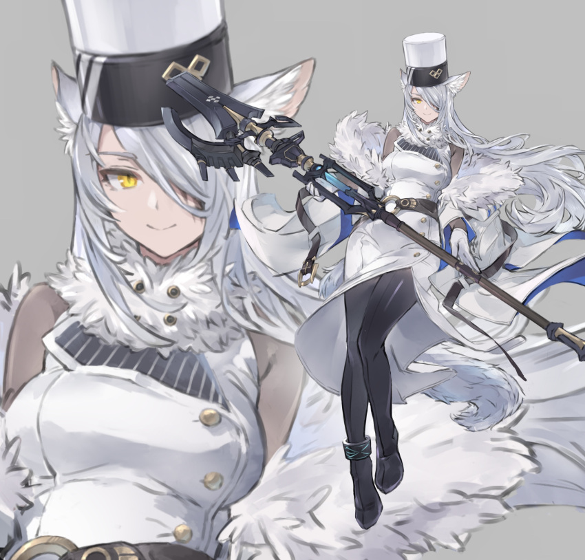 1girl animal_ear_fluff animal_ears arknights black_footwear black_pantyhose blurry breasts buttons cat_ears cat_girl cat_tail chikoku_no_oni coat commentary dress full_body fur-trimmed_coat fur_scarf fur_trim grey_background hair_over_one_eye highres holding holding_staff infection_monitor_(arknights) large_breasts looking_at_viewer material_growth multiple_views oripathy_lesion_(arknights) pantyhose santalla_(arknights) simple_background sleeveless sleeveless_dress smile staff tail upper_body white_coat white_hair white_hat yellow_eyes zoom_layer