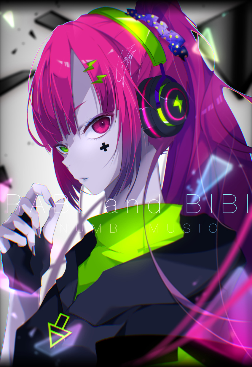 1girl absurdres english_commentary facial_tattoo fingerless_gloves gloves goma_irasuto green_eyes green_shirt hair_ornament hair_scrunchie headphones heterochromia highres long_hair looking_at_viewer nail_polish original pink_eyes pink_hair ponytail scrunchie shirt tattoo