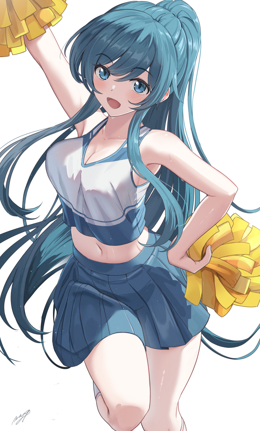 1girl :d absurdres aqua_eyes aqua_hair aqua_skirt arm_up blush breasts cheerleader closed_mouth commentary_request hand_on_own_hip highres holding holding_pom_poms jaku-chara_tomozaki-kun long_hair looking_at_viewer may9 medium_breasts midriff_peek nanami_minami navel open_mouth pleated_skirt pom_pom_(cheerleading) ponytail shirt sidelocks simple_background skirt smile solo white_background white_shirt