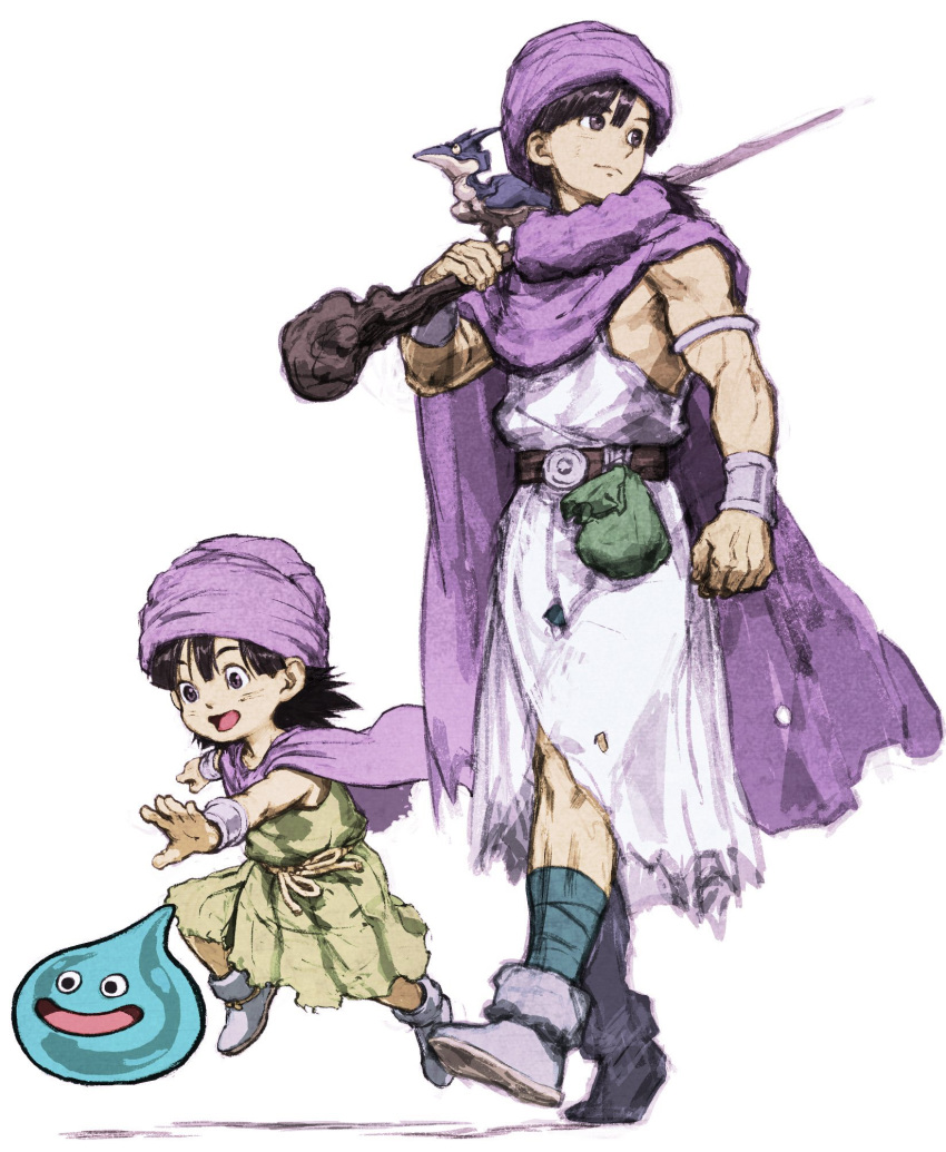 2boys bandaged_leg bandages belt belt_pouch black_hair cape clenched_hand cloak commentary_request dragon_quest dragon_quest_v father_and_son hero's_son_(dq5) hero_(dq5) highres holding holding_staff iwamoto_tatsurou looking_to_the_side male_focus multiple_boys muscular muscular_male pouch purple_cape purple_cloak purple_eyes slime_(dragon_quest) staff turban walking