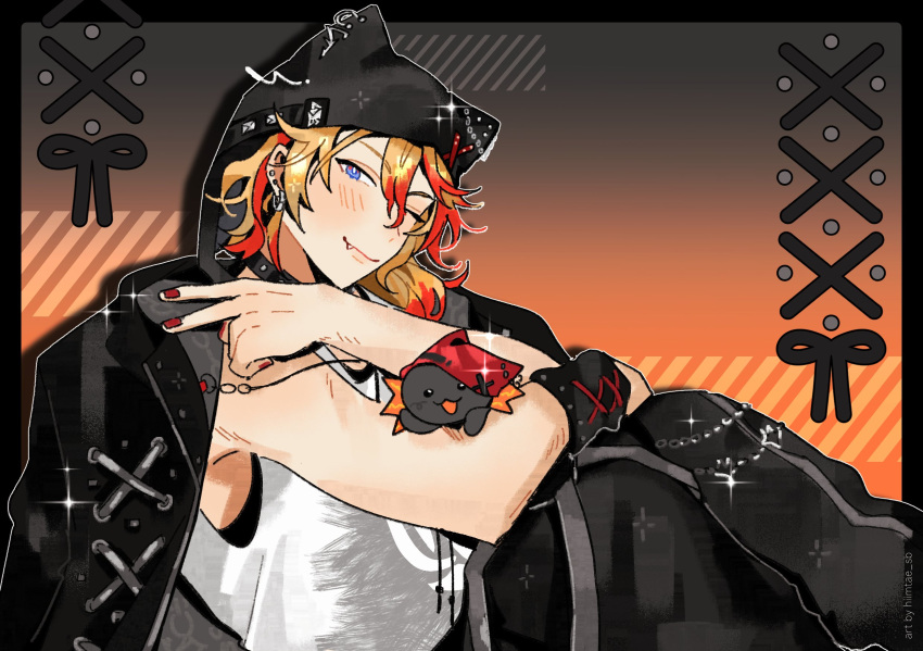 1boy animal_hat axel_syrios axel_syrios_(2nd_costume) axelotl_(axel_syrios) axolotl black_border black_choker blonde_hair blue_eyes blush border choker crossed_arms earrings english_commentary fang hat highres hiimtae_sb holostars holostars_english jacket jacket_on_shoulders jewelry knees_up looking_at_viewer male_focus multicolored_hair nail_polish one_eye_closed open_clothes open_jacket outline red_hair red_nails short_hair sitting smile solo two-tone_hair v virtual_youtuber white_outline