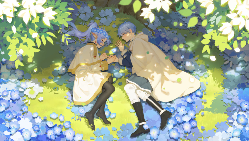 1boy 1girl absurdres aqua_hair black_footwear black_pantyhose boots capelet cloak commentary_request dangle_earrings dress earrings elf field flower flower_field frieren from_above grass hair_between_eyes head_wreath highres himmel_(sousou_no_frieren) holding_hands hood hooded_cloak jewelry knee_boots leaf long_hair long_sleeves lying on_side outdoors pants pantyhose parted_bangs pointy_ears sidelocks sleeping sousou_no_frieren suzi tree tree_shade twintails white_capelet white_cloak white_dress white_pants