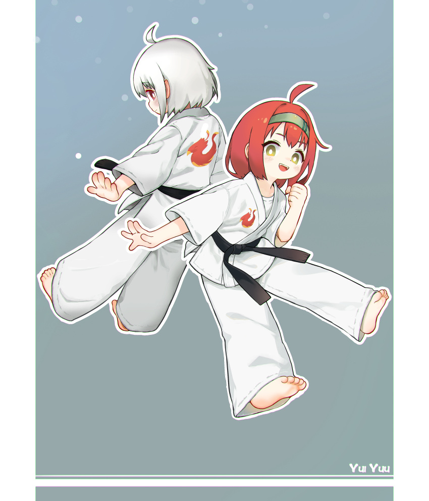 2girls :d absurdres ahoge barefoot belt black_belt blue_background border clenched_hand commentary_request dougi green_headband headband highres kuma-bound martial_arts_belt medium_hair multiple_girls open_mouth original pants red_hair smile toes white_border white_hair white_pants yellow_eyes