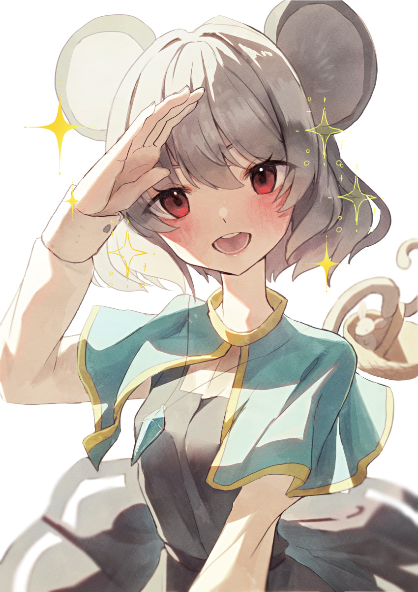 1girl absurdres animal_ears blue_capelet blush capelet commentary_request grey_hair highres holding holding_with_tail jewelry jigsaw_paru long_sleeves looking_at_viewer mouse mouse_ears mouse_girl mouse_tail nazrin open_mouth pendant prehensile_tail red_eyes short_hair smile solo sparkle tail touhou