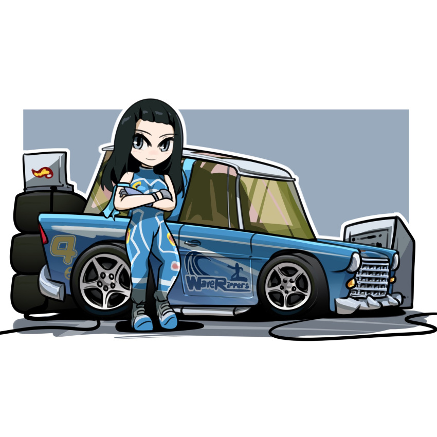 1girl black_hair blue_bodysuit blue_eyes bodysuit boots cable car commission crossed_arms english_commentary grey_footwear highres holeecrab hot_wheels hot_wheels:_acceleracers lani_tam logo long_hair motor_vehicle second-party_source shadow sleeveless sleeveless_bodysuit smile solo wheel