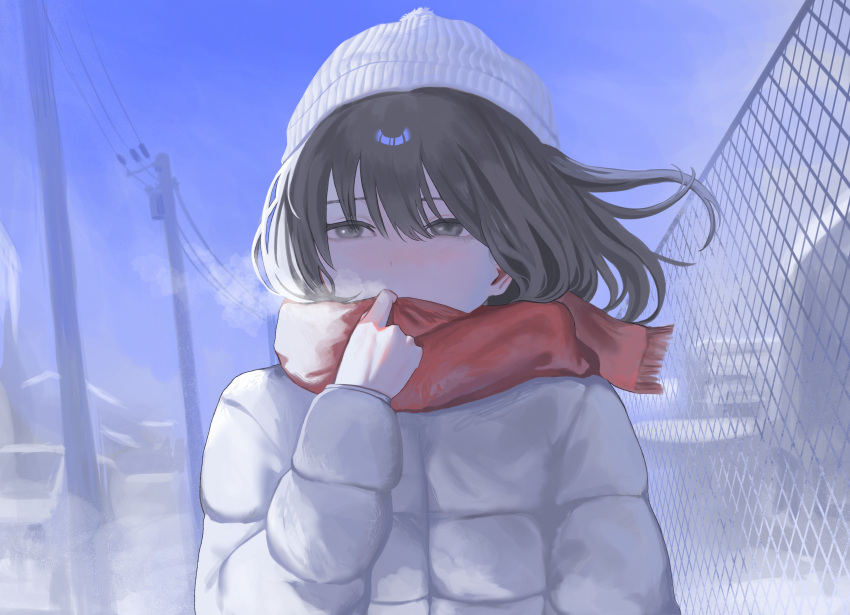 1girl absurdres adjusting_scarf blue_sky blush breath brown_hair chain-link_fence coat dot_nose down_jacket fence floating_hair grey_eyes hat highres jacket kyano_(kyanora3141) original outdoors power_lines red_scarf ribbed_hat scarf sky snow solo upper_body utility_pole vanishing_point white_coat white_hat white_theme winter_clothes winter_coat