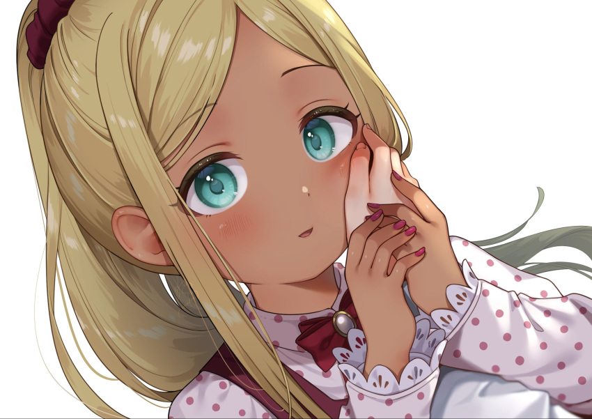 1girl 1other aqua_eyes blonde_hair bow bowtie brooch dark-skinned_female dark_skin dress hand_on_another's_cheek hand_on_another's_face highres idolmaster idolmaster_cinderella_girls jewelry layla_(idolmaster) light_smile long_hair looking_at_viewer nekonomimi parted_lips polka_dot polka_dot_dress ponytail pov pov_hands simple_background solo_focus upper_body white_background