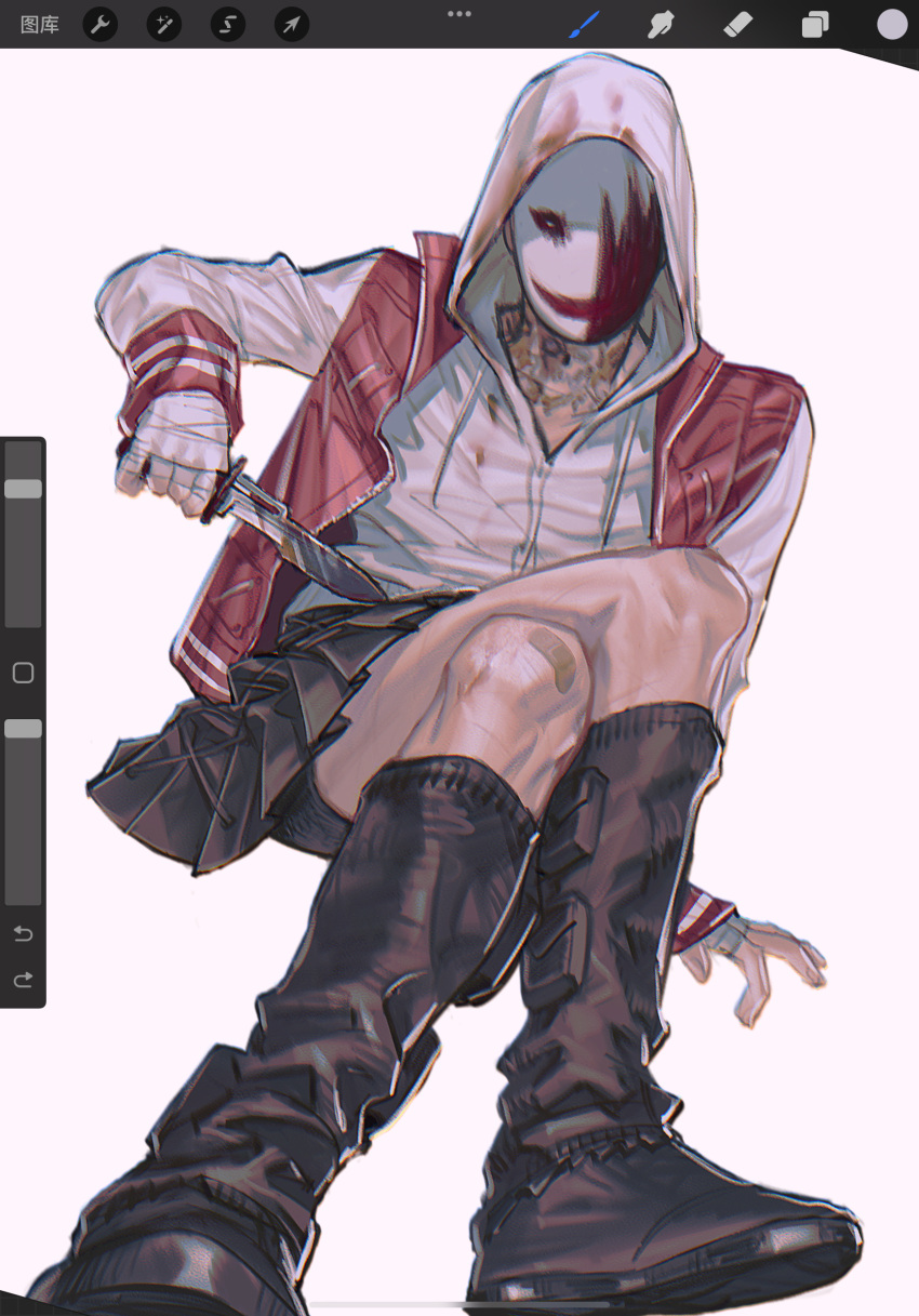 1boy black_footwear black_skirt blood blood_on_clothes blood_on_mask c2h4_(1849155751) collared_jacket covering_face crossdressing crossed_legs dead_by_daylight hand_on_floor highres holding holding_knife hood hoodie jacket kneehighs knees knife looking_at_viewer male_focus neck_tattoo red_jacket school_uniform simple_background sitting skirt socks solo tattoo the_legion_(dead_by_daylight) white_hoodie