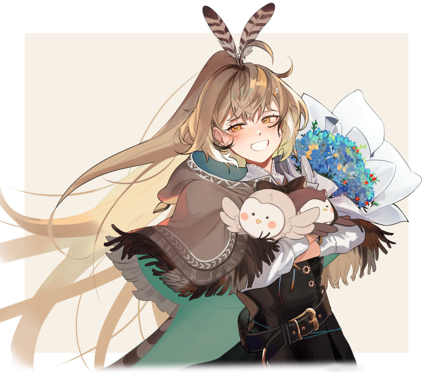 1girl ahoge belt blush bouquet brown_capelet brown_cloak brown_corset brown_eyes brown_hair cape capelet cloak corset crossed_bangs eus_ing feather_hair_ornament feathers gloves grin hair_ornament hairclip half-closed_eyes hieroglyphics highres holding holding_bouquet hololive hololive_english hooman_(nanashi_mumei) long_hair looking_to_the_side multicolored_hair nanashi_mumei nanashi_mumei_(1st_costume) ponytail ribbon runes shirt simple_background smile streaked_hair very_long_hair virtual_youtuber white_shirt