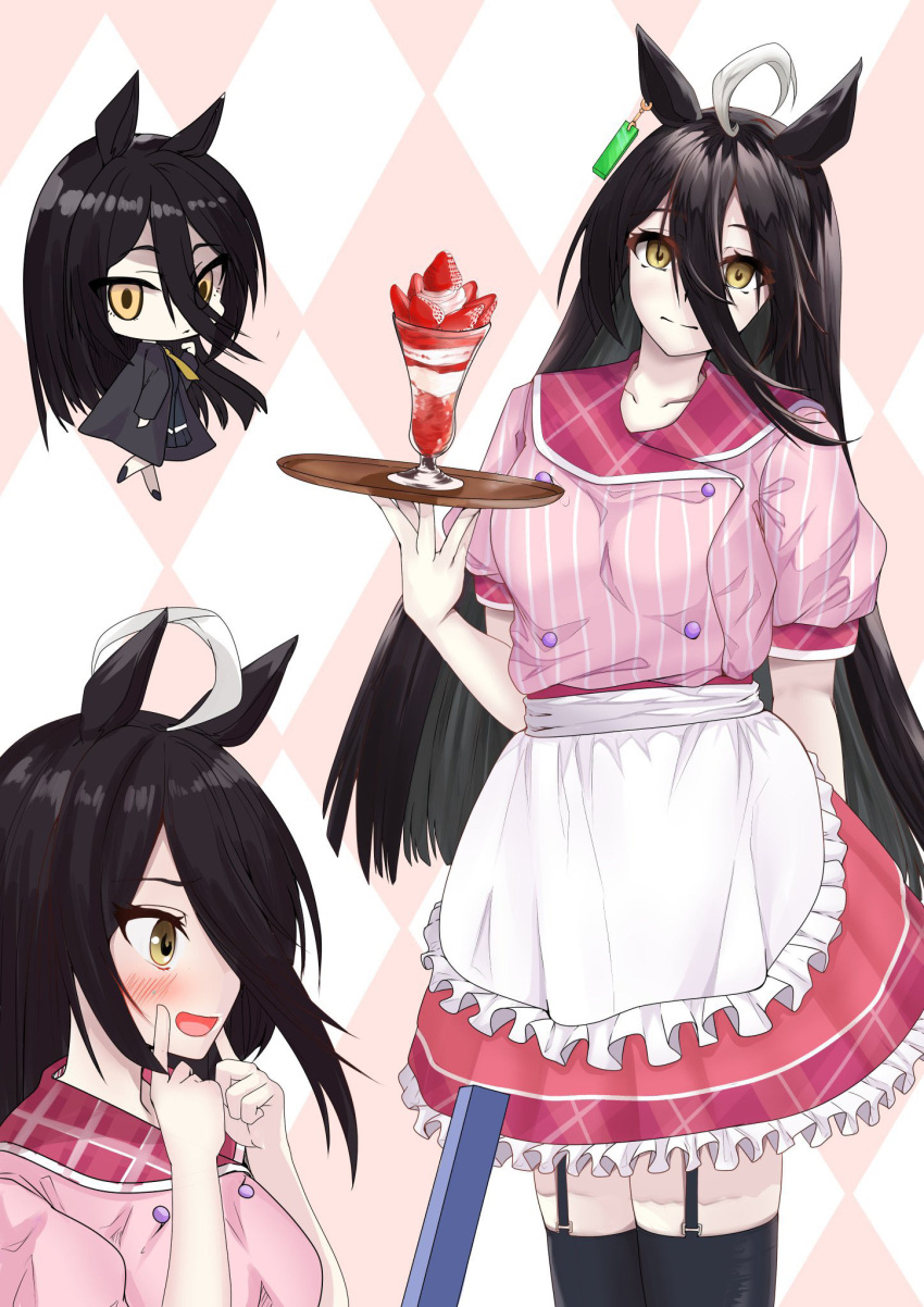 1girl ahoge animal_ears apron argyle_background arm_behind_back black_hair black_thighhighs blush cafe_stella_to_shinigami_no_chou chibi chibi_inset closed_mouth commentary_request cosplay cowboy_shot eyelashes finger_to_cheek frilled_apron frills from_side garter_straps hair_between_eyes hand_up head_tilt highres holding holding_tray horse_ears horse_girl long_hair looking_at_mirror looking_at_viewer manhattan_cafe_(umamusume) mirror multiple_views open_mouth pink_background pink_shirt pink_skirt profile puffy_short_sleeves puffy_sleeves shiki_natsume shiki_natsume_(cosplay) shirt short_sleeves simple_background skirt smile solo split_mouth straight_hair strawberry_parfait thighhighs tray tsurime umamusume user_mewc2354 very_long_hair waist_apron waitress white_apron yellow_eyes