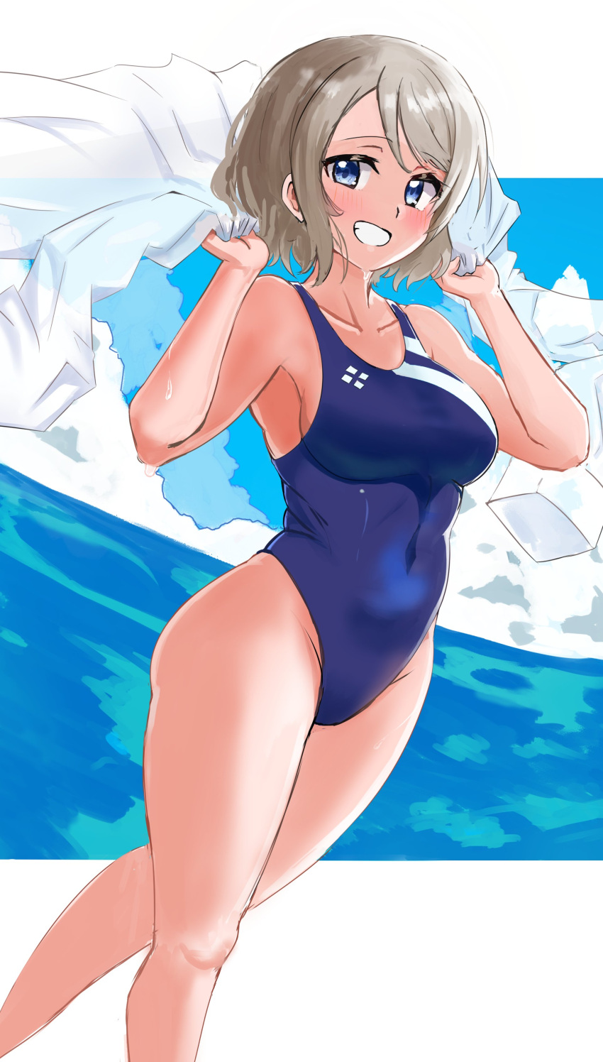 1girl absurdres bare_legs blue_eyes breasts brown_hair ereka highres large_breasts legs love_live! love_live!_sunshine!! ocean one-piece_swimsuit short_hair sky smile solo swimsuit thighs watanabe_you water wavy_hair