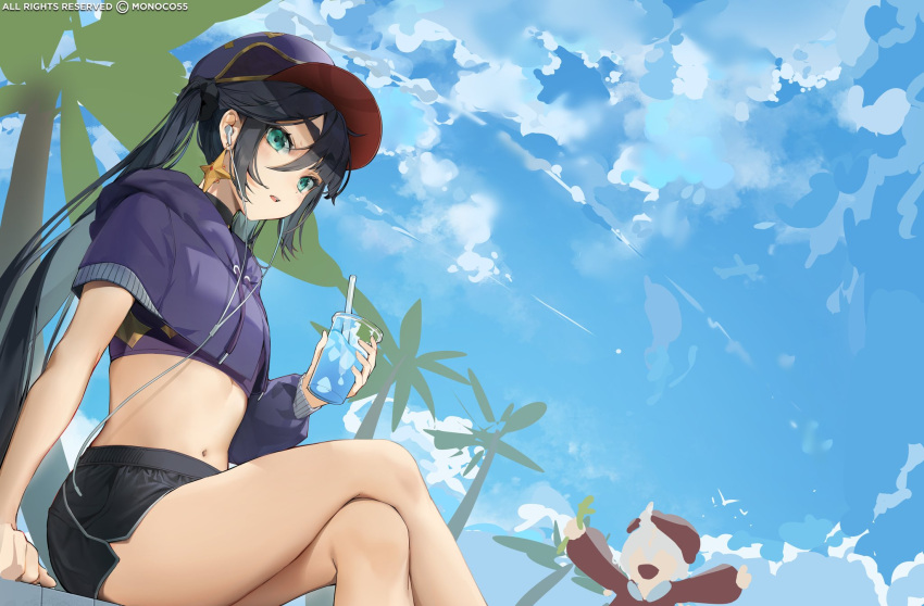 1girl 1other alternate_costume artist_name baseball_cap black_hair black_shorts blue_sky commentary copyright_notice cropped_hoodie crossed_legs cup day disposable_cup drinking_straw earphones earrings english_commentary genshin_impact green_eyes hair_between_eyes hat highres holding holding_cup hood hood_down hoodie jewelry long_hair midriff mona_(genshin_impact) monosucre navel open_mouth outdoors palm_tree purple_hoodie shorts sitting sky tree twintails unfinished very_long_hair